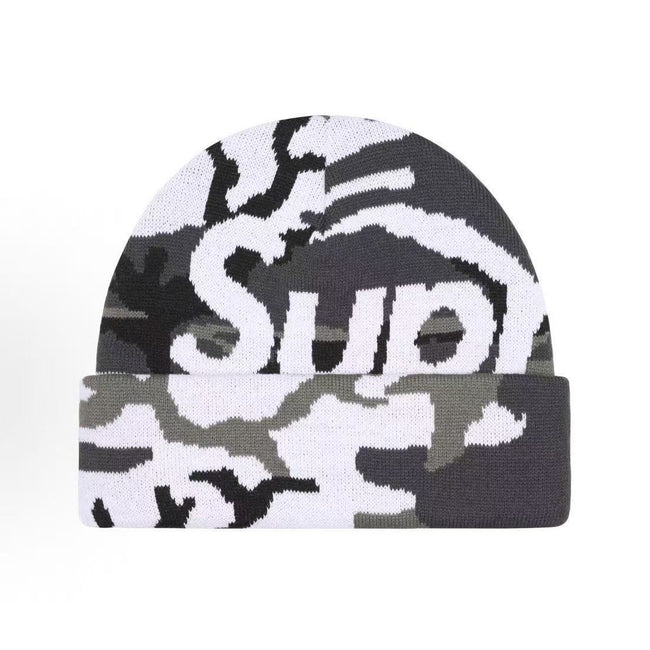 Supreme Big Logo Beanie Fw25 Grey Camo Cuffed Knit Hat Hover Image