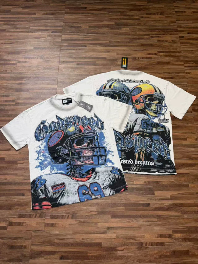 Godspeed Retro Football Helmet Graphic T-Shirt – White Streetwear Tee Hover Image