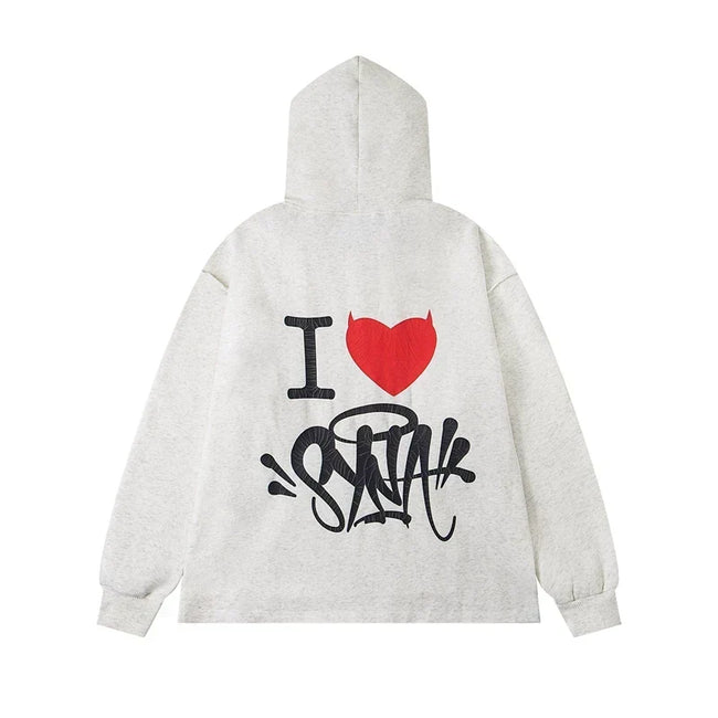 Syna World "I Heart Syna" Devil Graphic Oversized Fleece Hoodie (Oatmeal / Red / Black) Hover Image