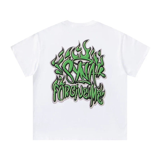 Syna World Green Flame Graffiti "Forgive Me" Oversized Tee (White / Green) Hover Image