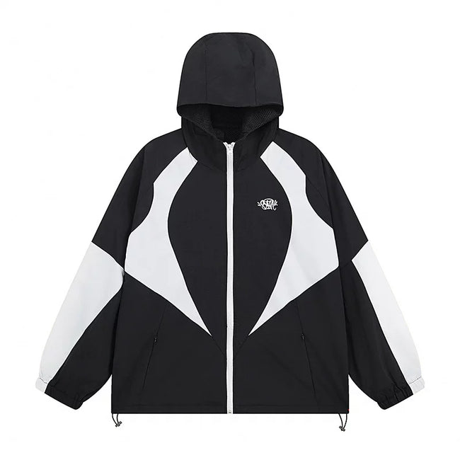 Synaworld Black White Color Block Hooded Windbreaker Jacket Hover Image