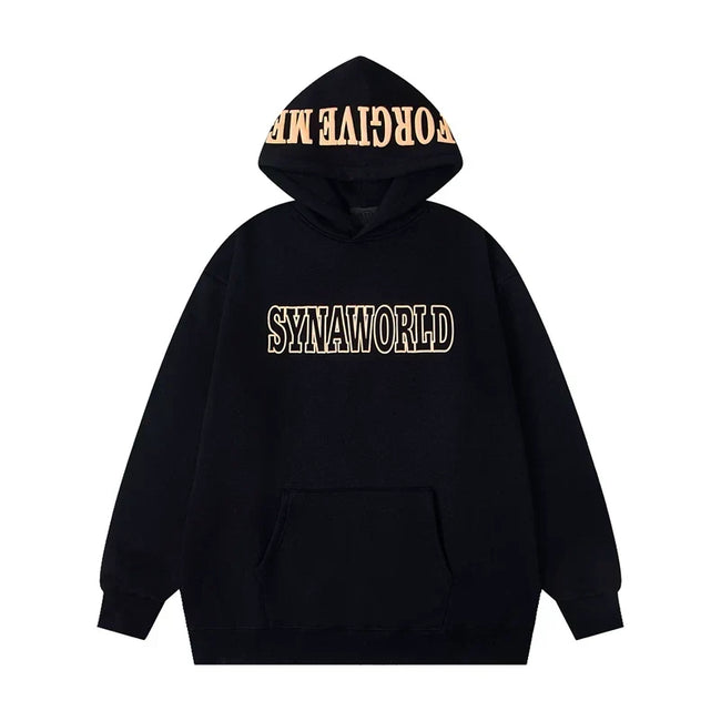 Syna World Hood Print Logo Oversized Fleece Hoodie (Black / Yellow) Hover Image