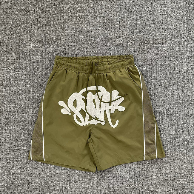 Syna World Graphic Nylon Shorts (Olive Green) Hover Image