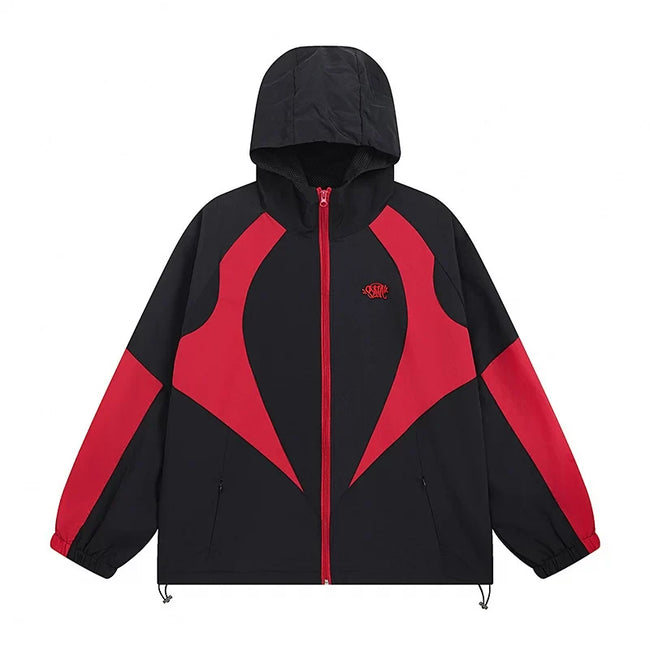 Syna world Black Red Color Block Hooded Windbreaker Jacket Hover Image