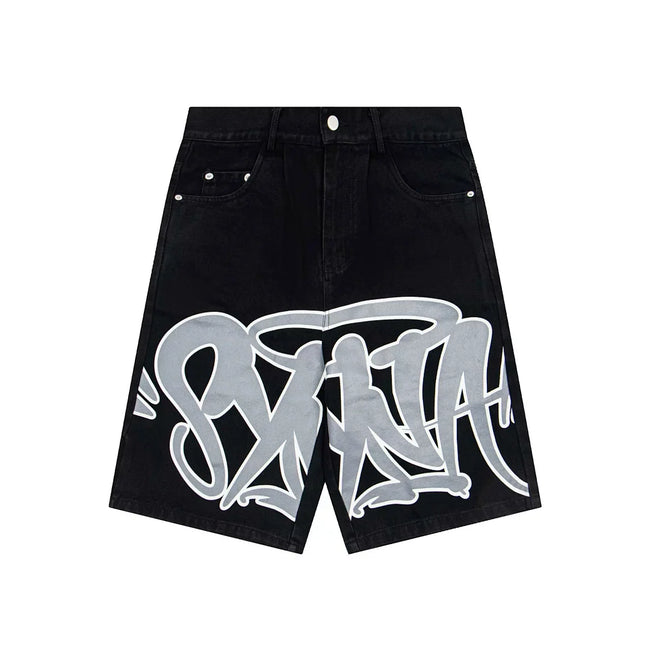 Syna world Graffiti Logo Vintage Washed Black Denim Jorts Shorts Hover Image