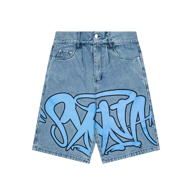 Syna world Graffiti Logo Vintage Washed Denim Jorts Shorts Hover Image