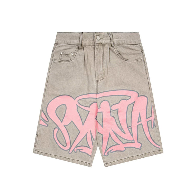 Syna world Graffiti Logo Vintage Washed Grey Denim Jorts Shorts Hover Image