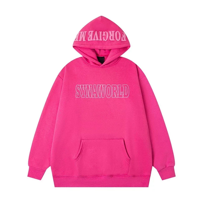 Syna World Hood Print Logo Oversized Fleece Hoodie (Hot Pink / White) Hover Image