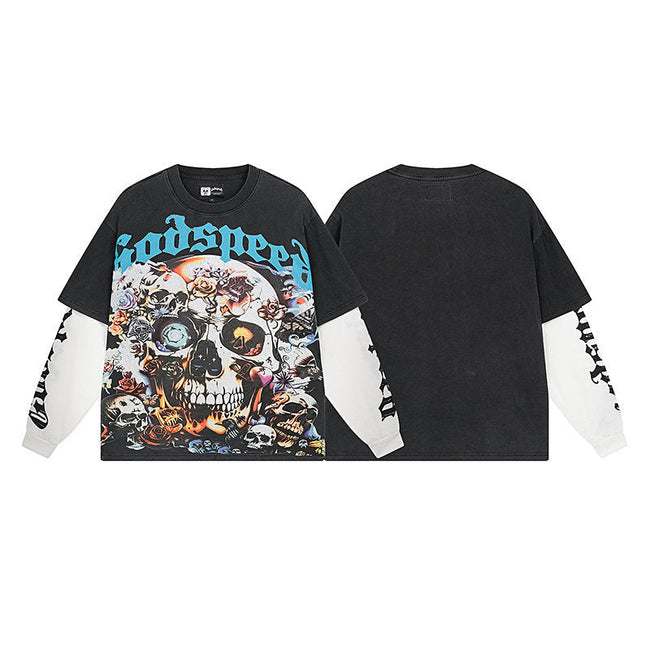 Godspeed Floral Skull Black Layered-Look Long Sleeve Tee Hover Image