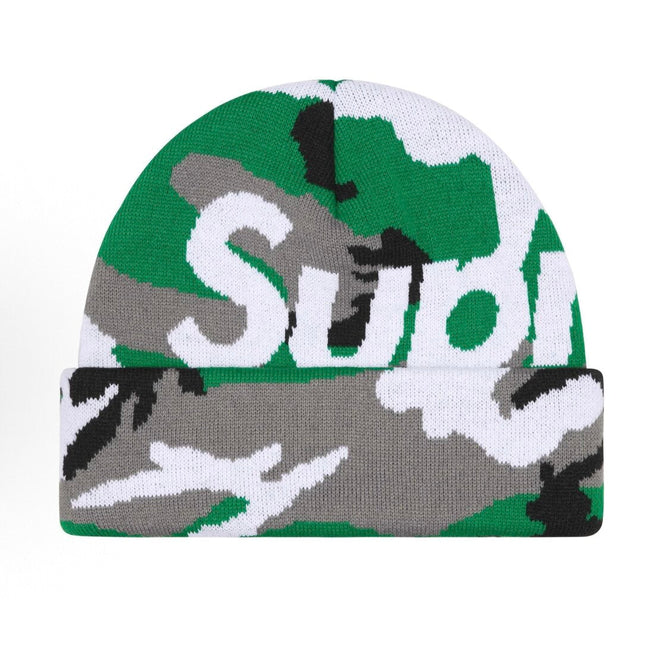 Supreme Big Logo Beanie Fw25 Green Camo Cuffed Knit Winter Hat Hover Image