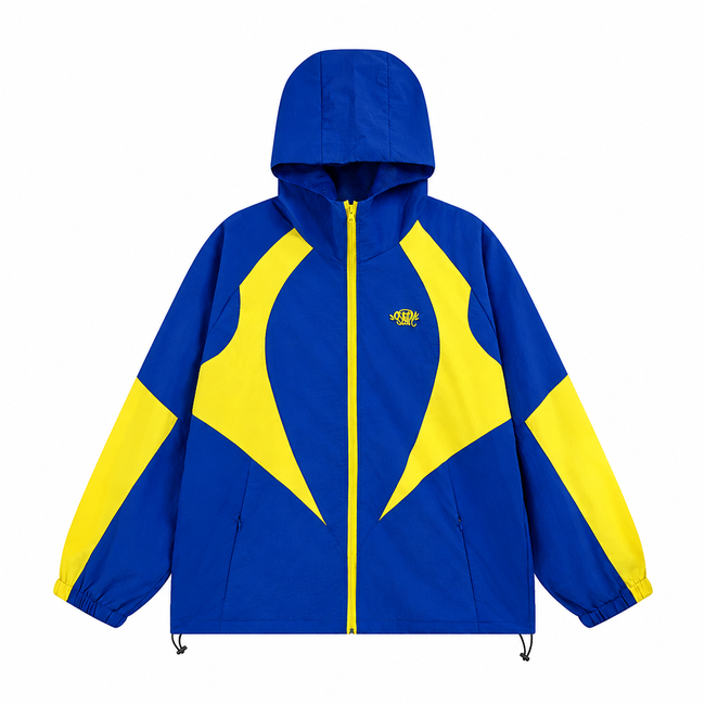 Royal blue hooded jacket with bright yellow panels Hover Image