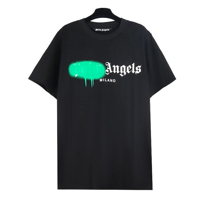 PALM ANGELS GREEN SPRAY DRIP MILANO LOGO T‑SHIRT BLACK Hover Image