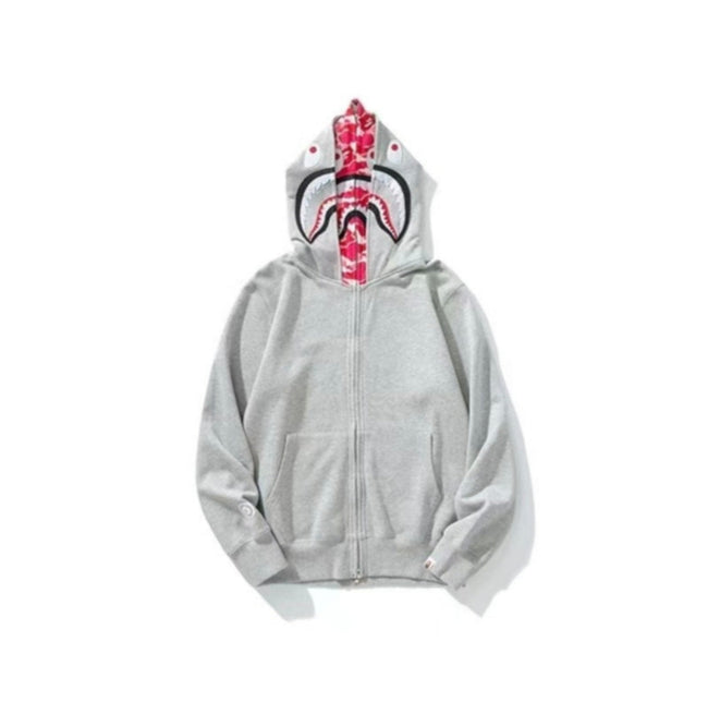 Bape Shark Double Hood Full Zip Hoodie Grey Red Camo Hover Image